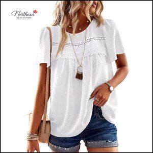 Crewneck Short Sleeve Chiffon Blouse with Crochet Lace Hem